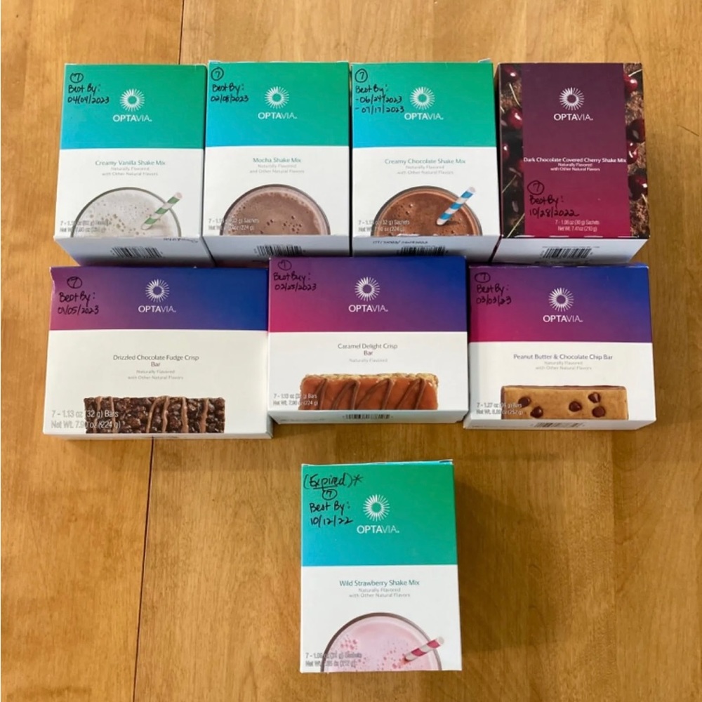 Optavia Lot of 50 Fuelings Shakes & Bars Choc Vanilla Strawb Mocha PB Caramel